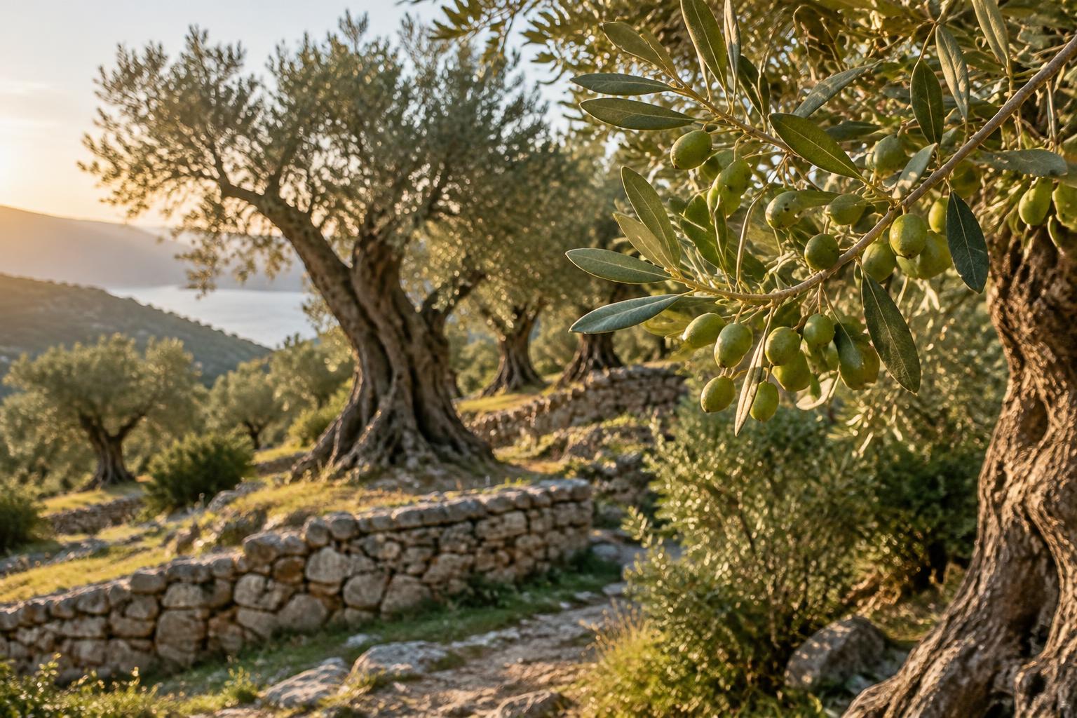 Olijftakken in een zonovergoten mediterrane olijfgaard